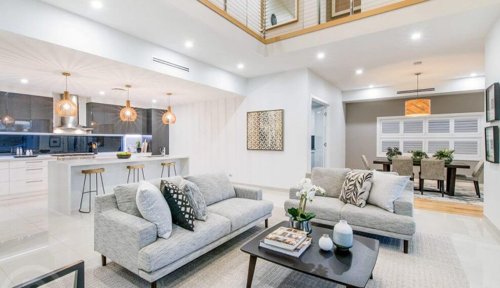 Interior design gold coast raised ceilings with an open living room and kitchen with white tiled floors
